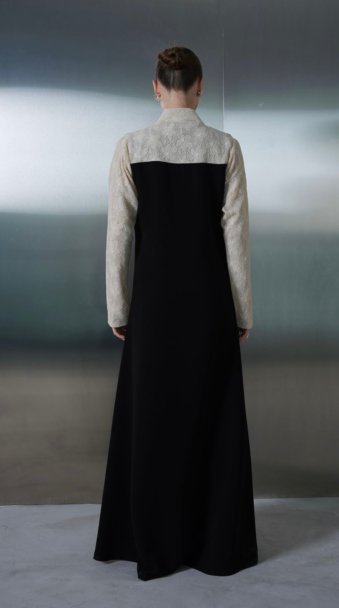 Beige Lace Contrast Abaya