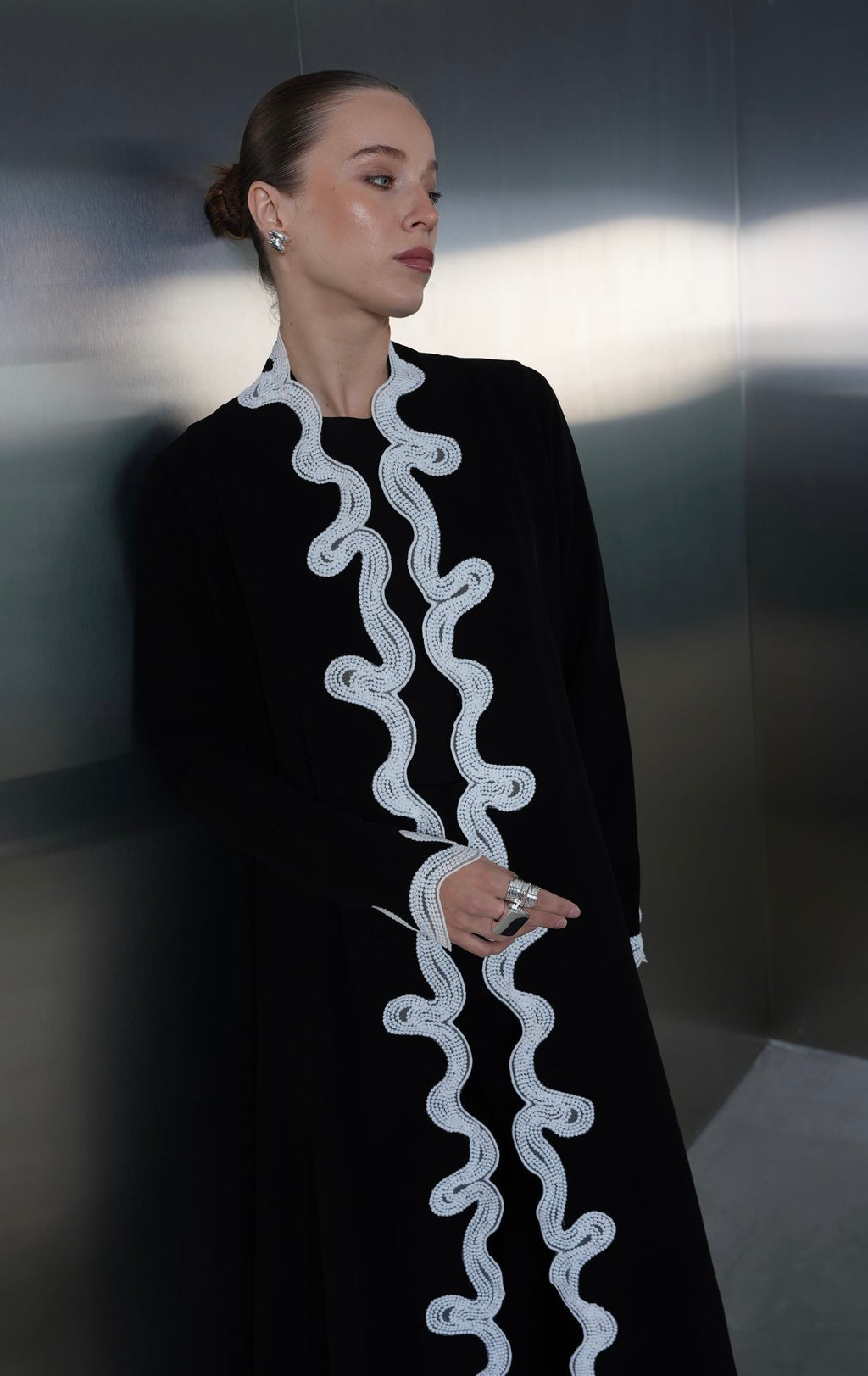 Ivory Wave Embellished Abaya