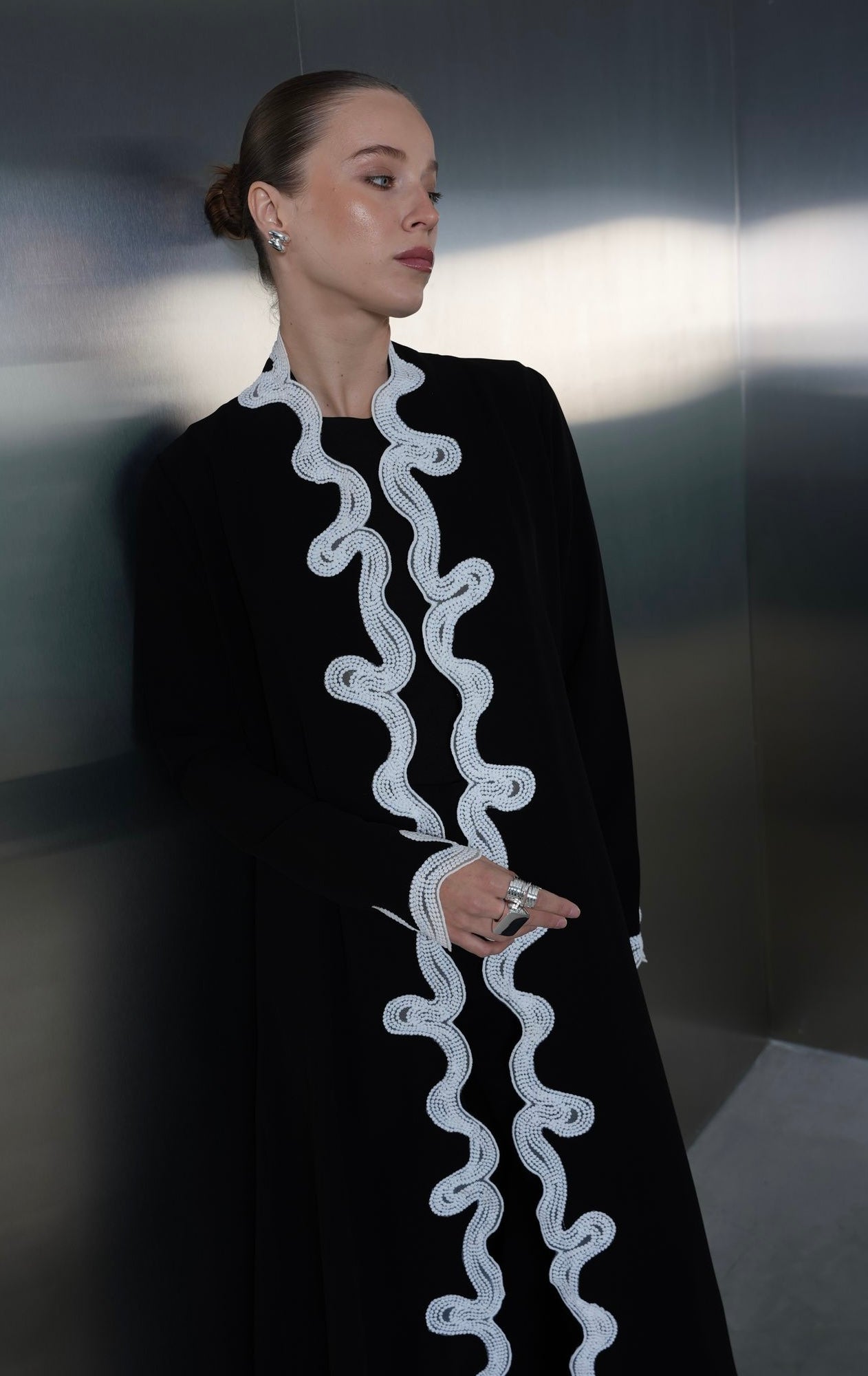 Ivory Wave Embellished Abaya