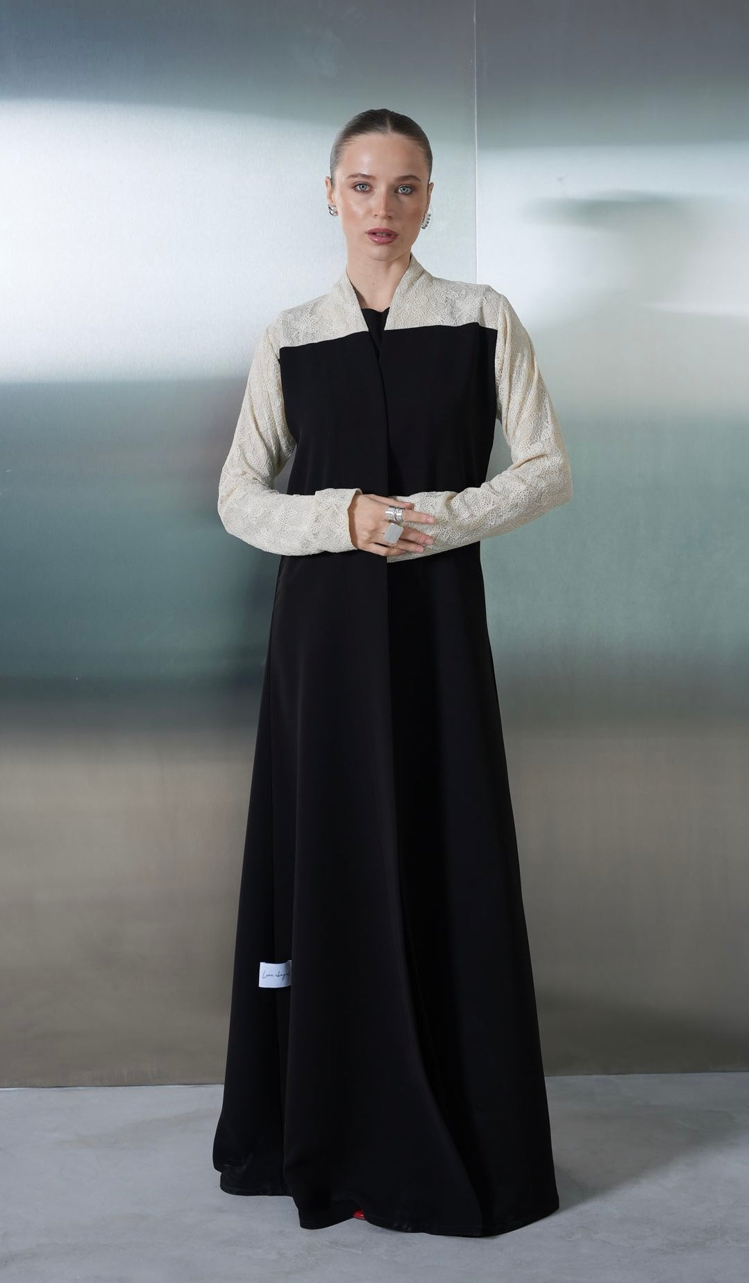 Beige Lace Contrast Abaya