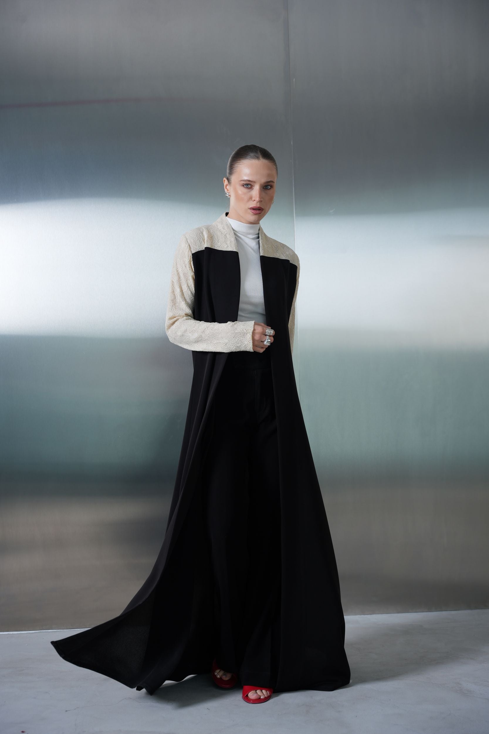 Beige Lace Contrast Abaya