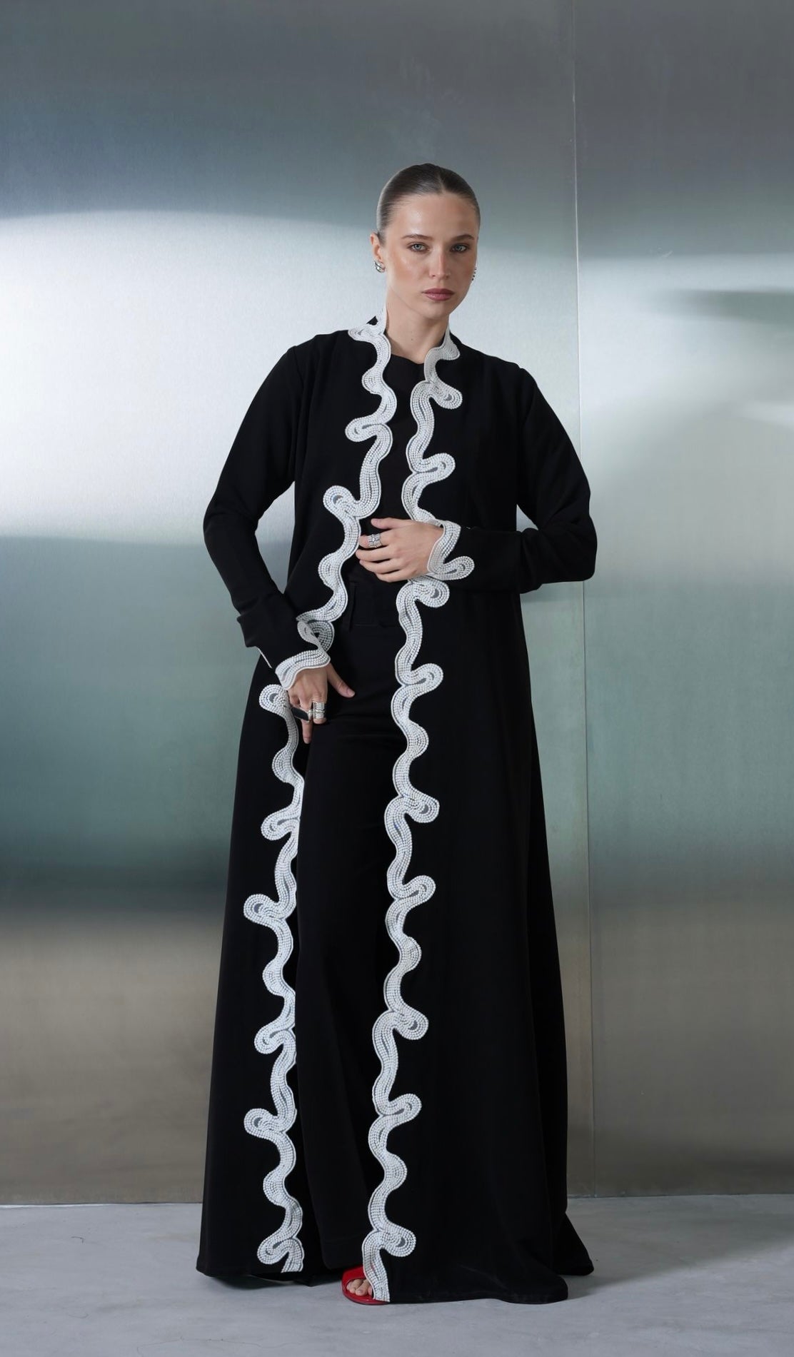 Ivory Wave Embellished Abaya