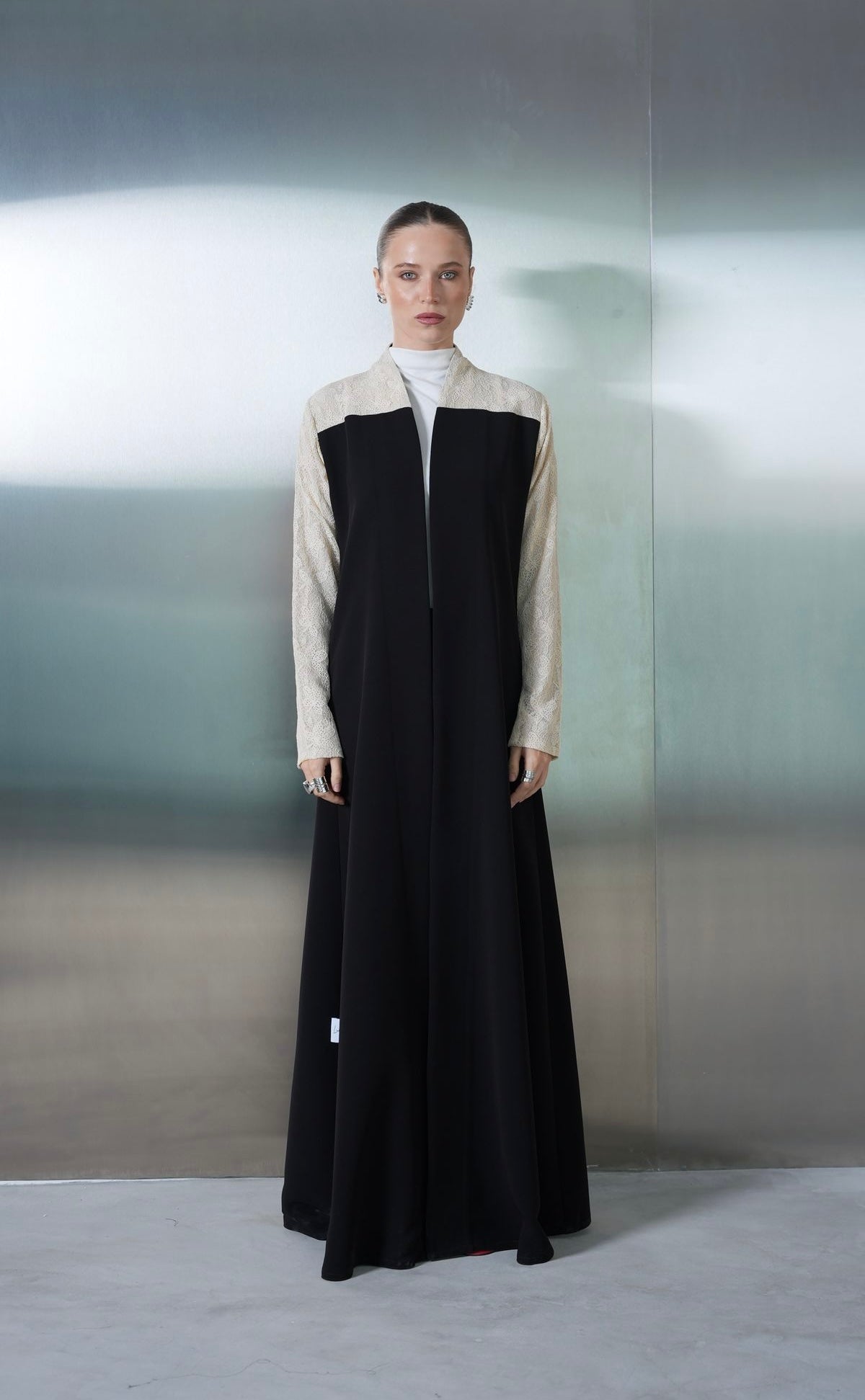 Beige Lace Contrast Abaya