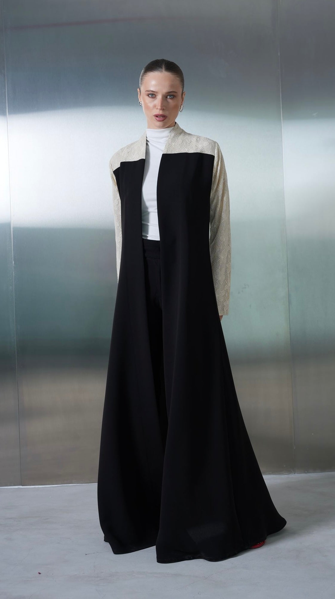 Beige Lace Contrast Abaya